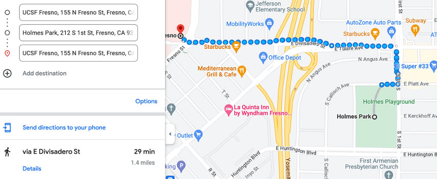 Fresno short walking route map