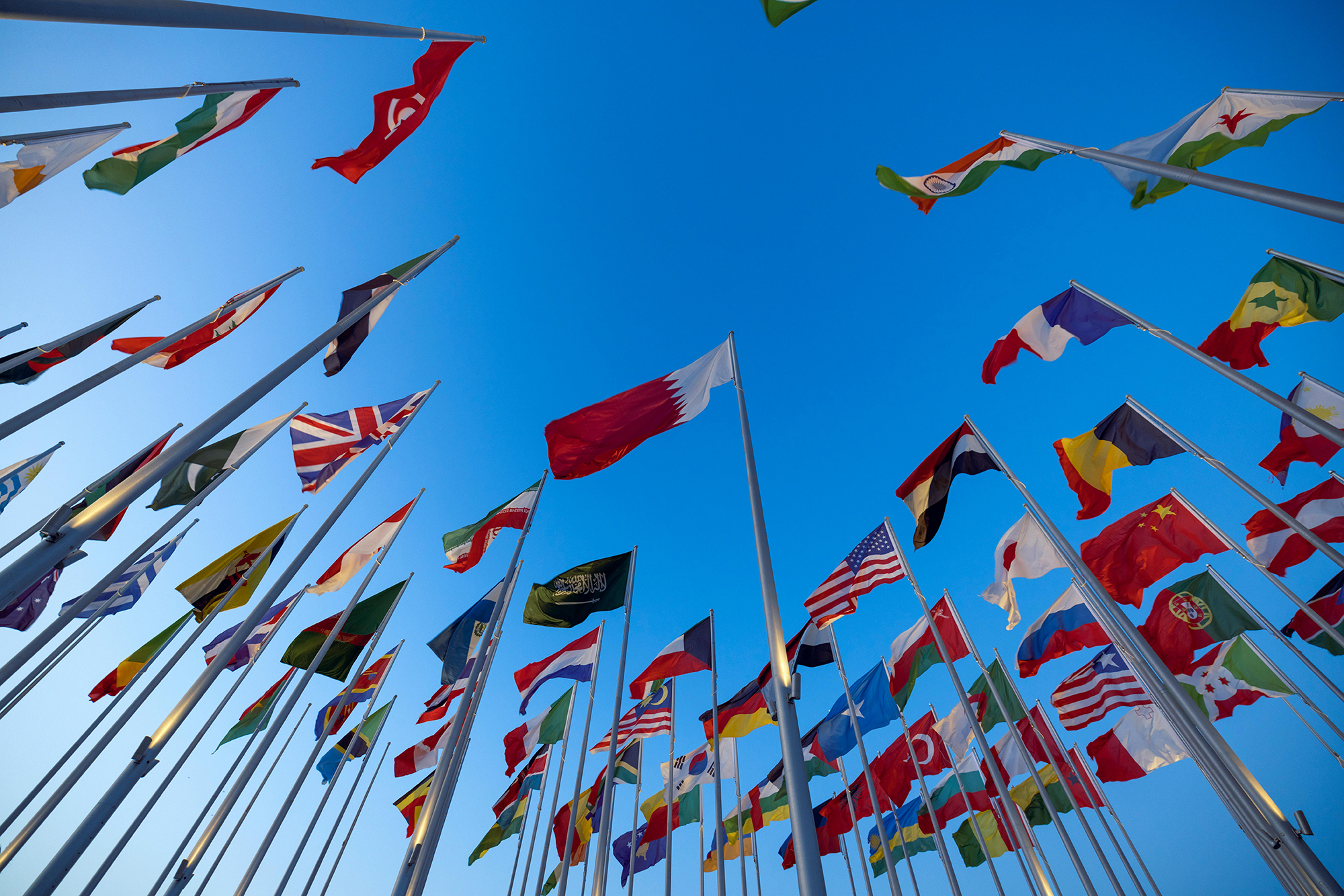 Flags from around the world with a blue sky background