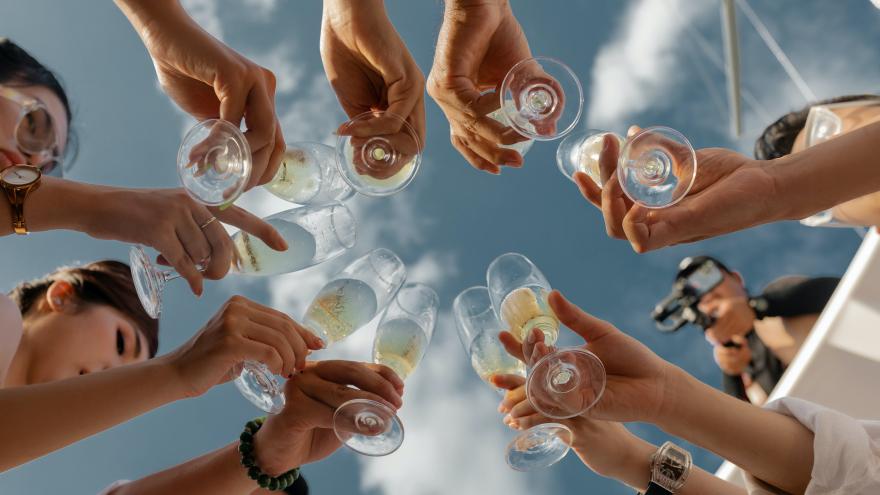 people hoist champagne glasses in a toast outdoors