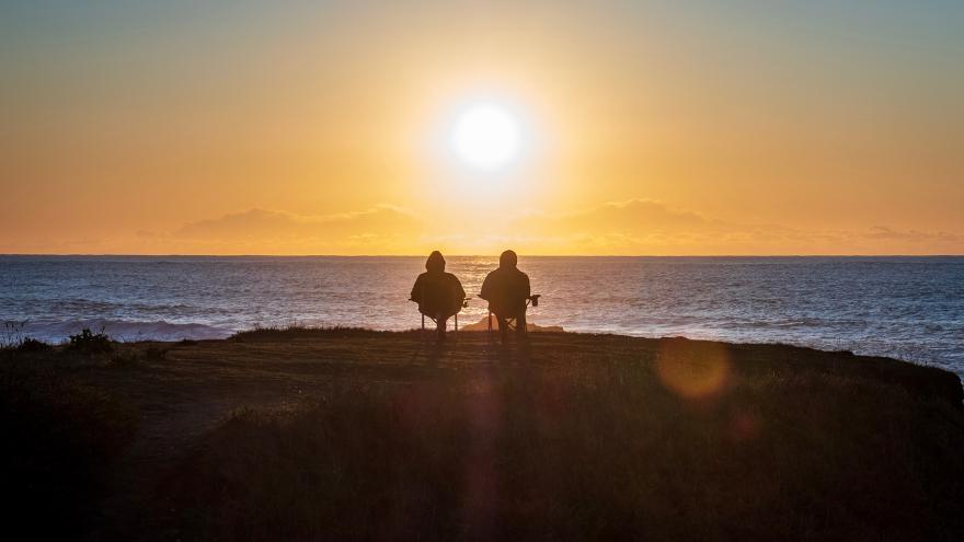 Silhouette of two people in chairs staring at sunset over ocean