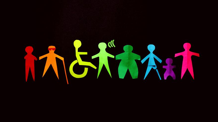 Cutouts representing different disabilities, each in a different color of the rainbow