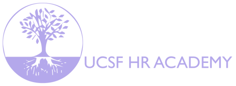 Thin blue circle that includes a tree with leaves, and white roots running deep into blue soil.  To the right of the circle are the words 'UCSF HR Academy'.