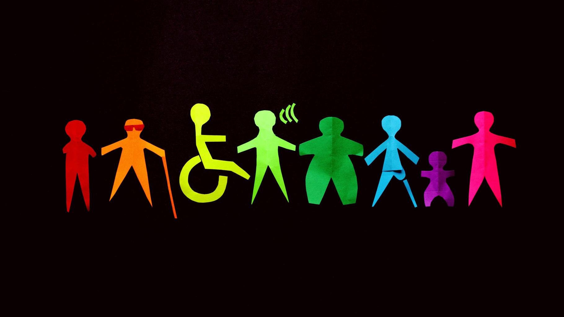 Cutouts representing different disabilities, each in a different color of the rainbow